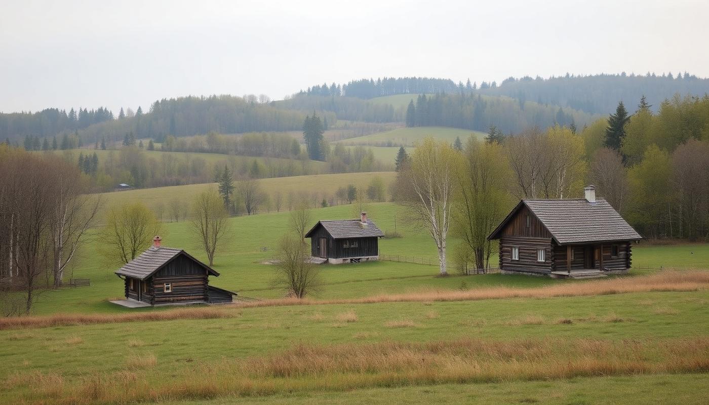 Countryside of Krimulda municipality with wooden farmsteads and birch trees